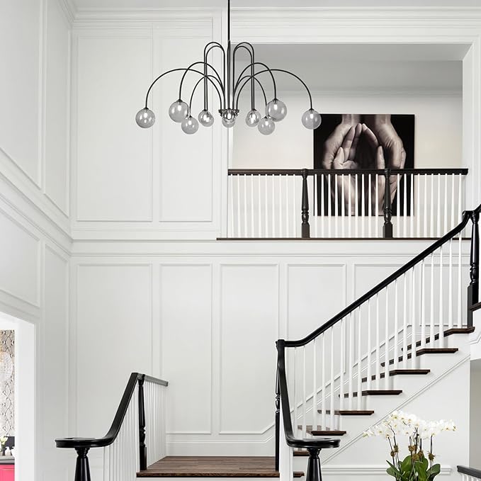 Modern Black Chandeliers Mid Century 12 Lights Sputnik Chandelier Large L52” Smoke Glass Globe Pendant Light Fixture for High Ceiling Foyer Staircase Living Dining Room