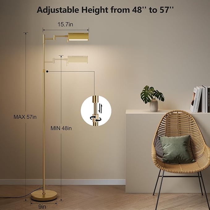 SUNMORY Dimmable LED Pharmacy Floor Lamp, 16W Bright Reading Floor Lamp with Remote & Touch Control, 350°Swing Arm, Adjustable Task Craft Standing Lamp for Living Room Bedroom Office, Gold