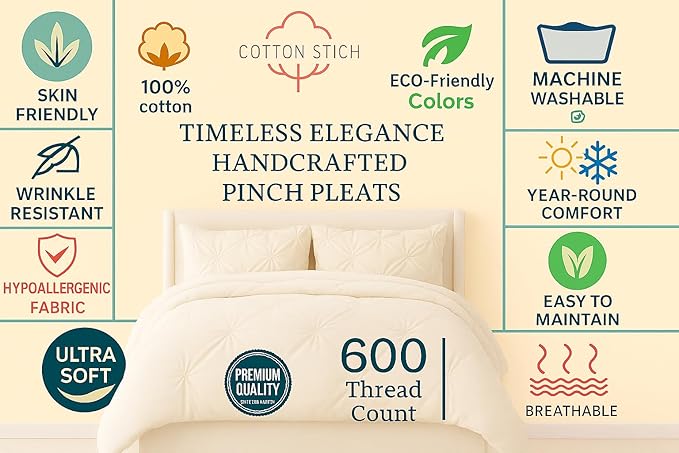 COTTON STICH Pinch Pleated Pillow Shams King 20x40 Ivory Egyptian Cotton 600 Thread Count Gorgeous Decorative Pinch Pleated King/California King Pillow Sham Set of 2