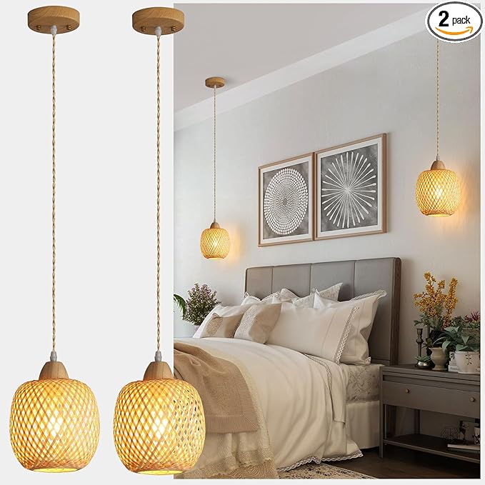 Bamboo Pendant Light Fixture, 2-Light Handmade Woven Pendant Lighting, with Adjustable Rustic Basket, for Kitchen Island Farmhouse Dining Room Living Room, ETL Listed