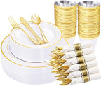 WELLIFE 210 Piece Gold Plastic Dinnerware Set, Include: 30 Dinner Plates, 30 Dessert Plates, 30 Pre Rolled Napkins with Silverware and 30 Cups