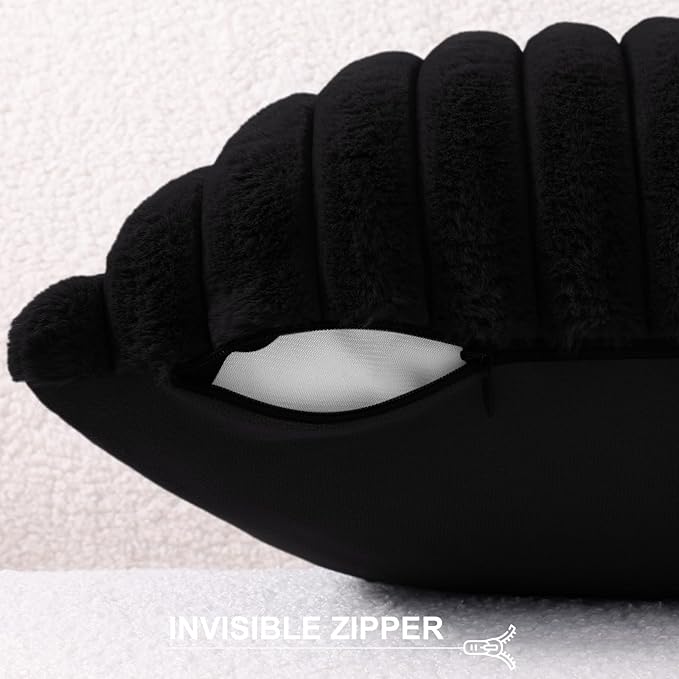 Pallene Faux Fur Plush Throw Pillow Covers 22x22 Set of 2, Luxury Soft Fluffy Striped Decorative Pillow Covers for Sofa, Couch, Living Room, Black