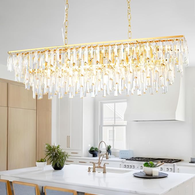 Rectangular Dining Room Chandelier, 40" Gold Modern Rectangle Luxury Crystal Chandelier 12 Lights Top K9 Linear Ceiling Pendant Light Fixture for Dining Room Kitchen Table Living Room