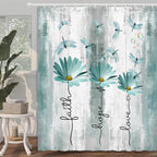 Rusitc Farmhouse Floral Shower Curtain, Farm Teal Country Daisy Flower Dragonfly and Faith Hope Love Inspirational Words Shower Curtain Set, Turquoise Balck White Bathroom Accessories Hooks, 36X70IN