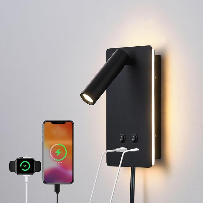 MOLUOLA LED Wall Lamp Wall Mounted Reading Lights, Adjustable Headboard Plug in Wall Sconce with USB C+A Ports, Headboard Bedside Lamp with 9W+3W Night Light 3000K (Black)