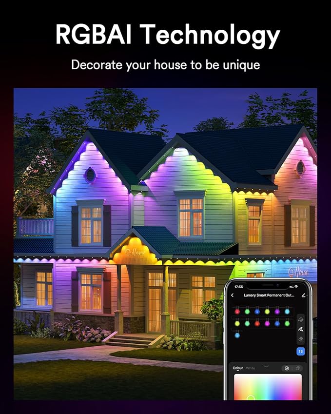 Lumary Permanent Outdoor Lights Pro with Remote, 40LED 53ft for House, 2000lm RGBAICW Smart Eave Light, Work with Alexa Google, Multi Scene for Daily Halloween Christmas Decor, IP67 Waterproof, White