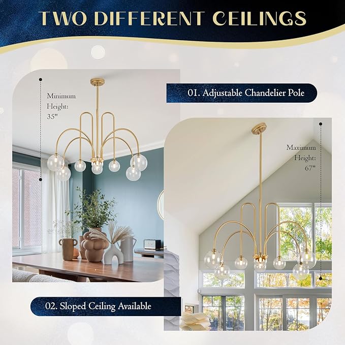 Modern Sputnik Light Fixture 8 Lights Luxury Gold Chandelier Large L41” Mid Century Clear Glass Globe Ceiling Pendant Light for Foyer Staircase Living Dining Room Kitchen