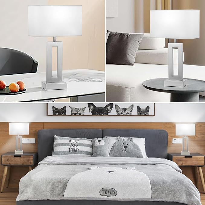 Bedroom Table Lamps Set of 2 - White Silver Touch Bedside Lamps with USB C+A, 3 Way Dimmable Gold Lamp for Nightstand, Modern Night Stands Lamps for Living Room End Tables
