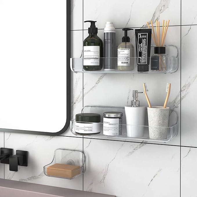 TZAMLI Shower Caddy with Soap Dish, Adhesive Shower Organizer Shelf Plastic Wall Mounted No Drilling Shelves for Bathroom Kitchen Storage (Clear, 3 Pack)