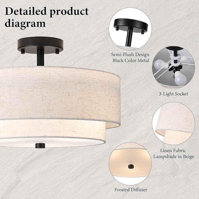 16" Semi Flush Mount Ceiling Light Fixture, Close to Ceiling Light Fixtures with Farmhouse Fabric Linen Shade, Double Drum Black Flush Mount Ceiling Light for Living Room Bedroom Dining Room Kitchen