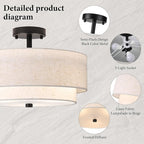 16" Semi Flush Mount Ceiling Light Fixture, Close to Ceiling Light Fixtures with Farmhouse Fabric Linen Shade, Double Drum Black Flush Mount Ceiling Light for Living Room Bedroom Dining Room Kitchen