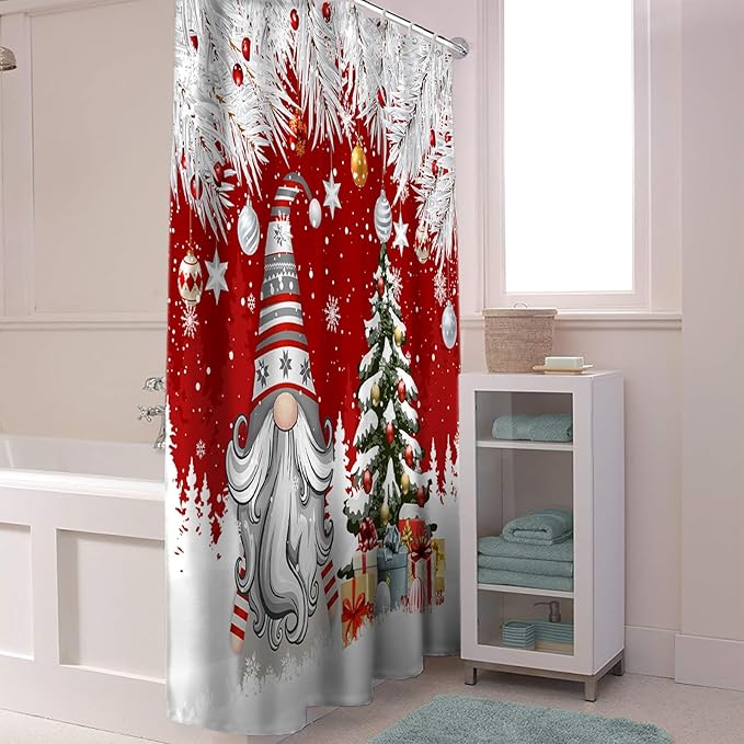 Vandarllin Christmas Gnome Shower Curtain, Winter Merry Christmas Tree Balls Shower Curtains Set with Hooks, Red Waterproof Fabric Bathroom Curtains Decor Home Accessories,Stall 36 X 72 Inch