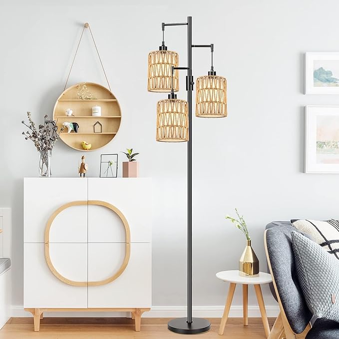 Boho Floor Lamp for Living Room Bedroom-3 Light Dimmable Floor Lamp with Three Led Bulb, Rustic Tall Lamp Black Standing Lamp Tree Floor Lamps for Living Room Bedroom,Office,Corner