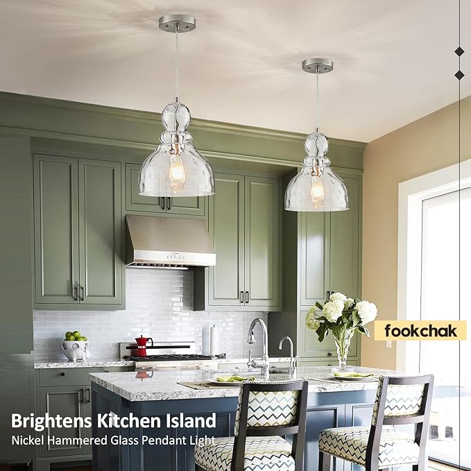 Brushed Nickel Pendant Light for Kitchen Island Hammered Glass Pendant Island Light 10inch Modern Glass Pendant Lights for Kitchen Sink Dining Room Hallway Entrance