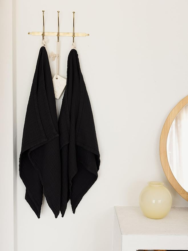Muslin Hand Towel Pack of 4 18"x34" Inch Large Size - 100% Turkish Cotton, Thin, Soft, Quick-Dry, Lint-Free, Hand Towels (Black, Pack of 4 Hand Towels)