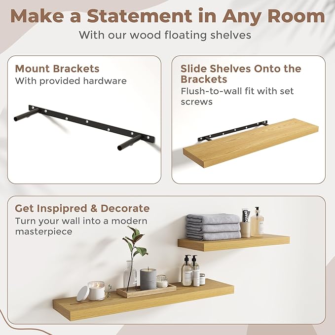 Floating Shelves for Wall with Invisible Brackets, Wall Mounted Engineered Wood Shelves with Wood Grain for Living Room, Bedroom, Bathroom, Kitchen Decor and Storage, Oak, 40"L Set of 2, Oak
