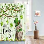 Vandarllin Lucky Cat St. Patrick's Day Shower Curtain, Green Spring Shamrocks Tree Shower Curtains Set with Hooks, Waterproof Fabric Bathroom Curtains Decor Home Accessories, Stall Long 36 X 78 Inch
