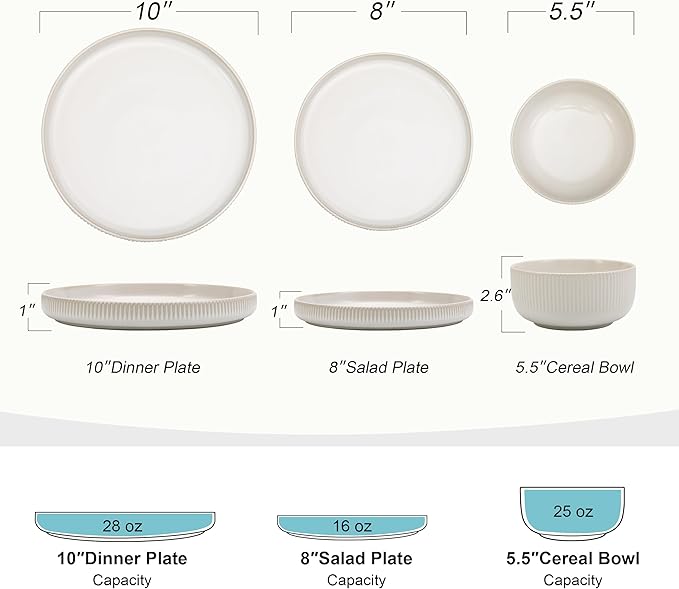Frewinky Ceramic Dinnerware Sets for 6, Round Reactive Glaze Porcelain Plates and Bowls Sets, Scratch Resistant Modern Dishes Set, Dishwasher & Microwave Safe, Service for 6-White