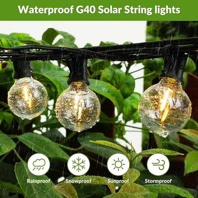 200FT（100FT*2） G40 Solar String Lights, Globe Outdoor String Lights with 72 E12 Waterproof LED Bulbs, 2700K Shatterproof Patio Lights, Solar Powered Hanging Lights