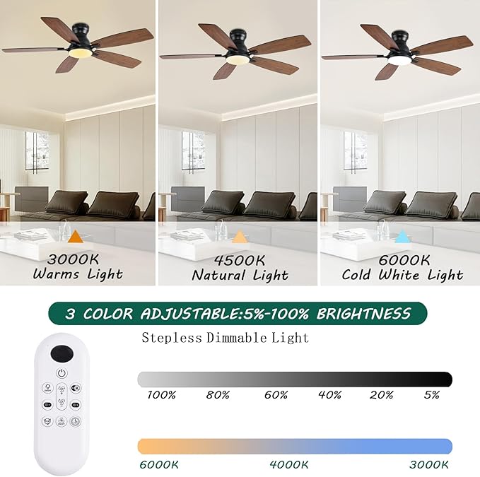 52inch Ceiling Fans with Lights, Low Profile Ceiling Fan with Light and Remote/APP Control, DC Reversible Motor, Noiseless, Flush Mount, Brown Ceiling Fan for Bedroom Indoor/Outdoor Use