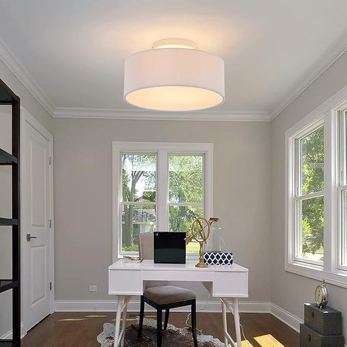 Ceiling Light, SPAKRSOR Modern Stripe Fabric Pendant Light Shade Flush Mount, Large White Drum Lampshade, Round Pendant Lamp, for Bedroom Living Room, Flush Chrome Matt, 3 Bulb, E26