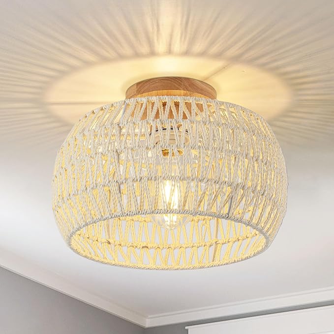 Boho Ceiling Light Fixtures Cream White Rattan Chandelier Light Small Rattan Flush Mount Ceiling Light Hand-Woven Chandelier for Nursery Light Fixture Kitchen Farmhouse Bedroom Chandeliers