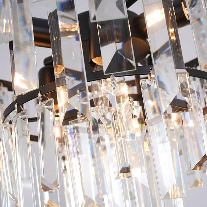 Black Crystal Chandelier Modern Round Dining Room Chandelier 4-Tier 6 Lights Dimmable Top K9 Luxury Ceiling Hanging Pendant Light Fixture for Dining Room Living Room Bedroom Foyer 18"