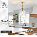 16" Extra Large Farmhouse Pendant Light – Hand-Blown Hammered Glass Shade, Gold Finish, Adjustable Chain Ceiling Light for Kitchen Island, Dining Room, Hallway