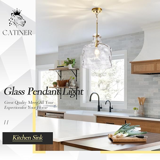 16" Extra Large Farmhouse Pendant Light – Hand-Blown Hammered Glass Shade, Gold Finish, Adjustable Chain Ceiling Light for Kitchen Island, Dining Room, Hallway
