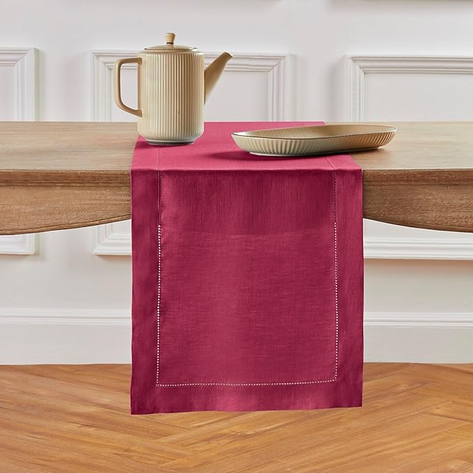 Solino Home Linen Beet Table Runner 90 Inches Long - 100% Pure Linen Hemstitch 14 x 90 Inch Table Runner for Dining, Fall, Autumn, Thanksgiving, Christmas, Holiday - Classic Hemstitch