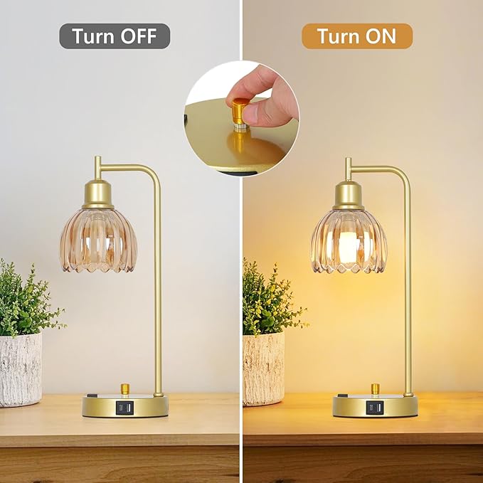 Mid Century Table Lamp With USB Port And Outlet Set Of 2, Amber Glass Bedside Table Lamp For Bedroom, Retro Desk Lamps For Home Office, Vintage Night Stand Lamps, Modern Gold Industrial Desk Light