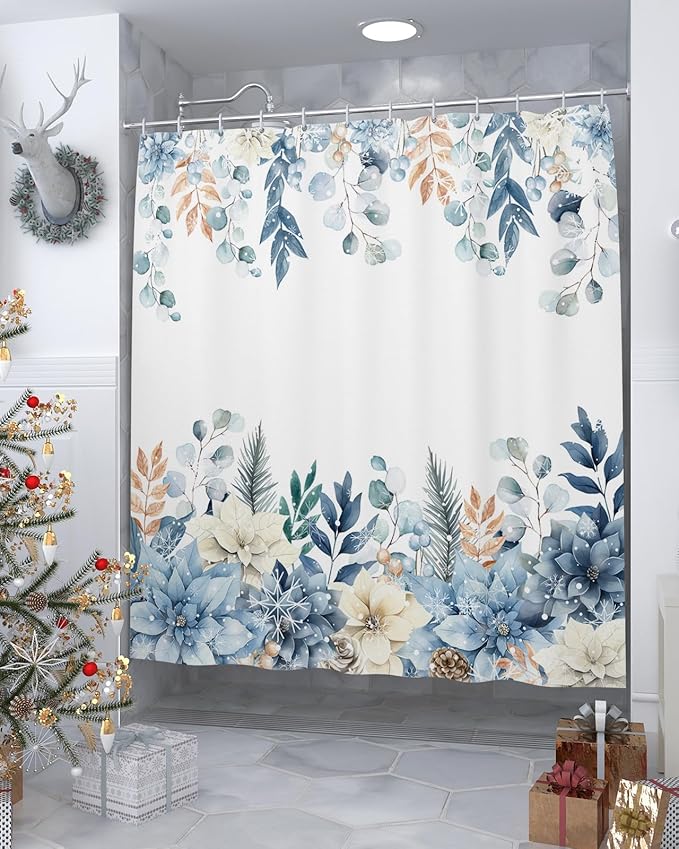 Vandarllin Blue Christmas Poinsettia Shower Curtain, Winter Eucalyptus Leaves Shower Curtains Set with Hooks, Waterproof Fabric Bathroom Curtains Decor Home Accessories, Stall Long 54 X 78 Inch