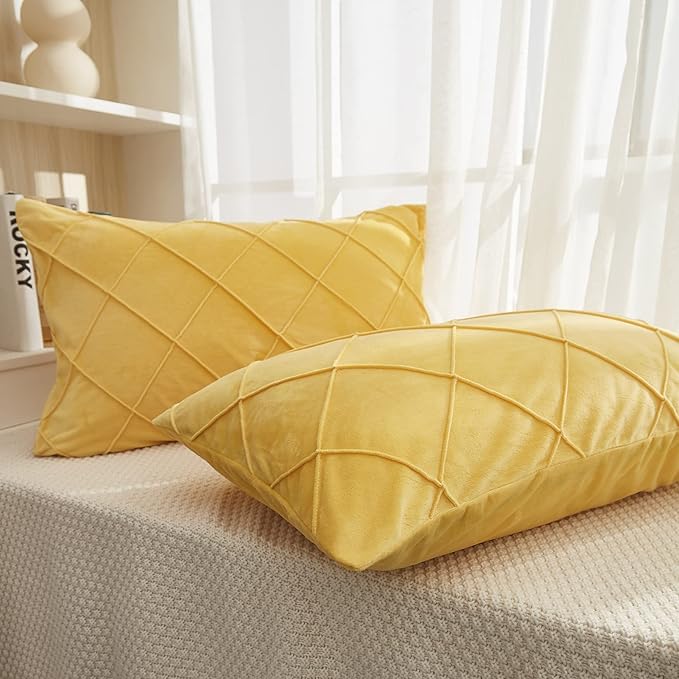 JAUXIO Diamond Pinch Pleated Crystal Velvet Pillowcases 2 Pack Solid Pintuck Throw Cushion Cover for Home Decor Hidden Zipper Closure (Yellow, Standard)