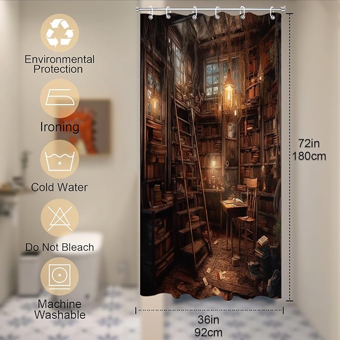 Vintage Medieval Library Shower Curtain Antique Room for Study Theme Bathroom Bathtubs Fabric Shower Curtain Set with 12 Hooks 36x72 inches Polyester Machine Washable, Yellow and Black