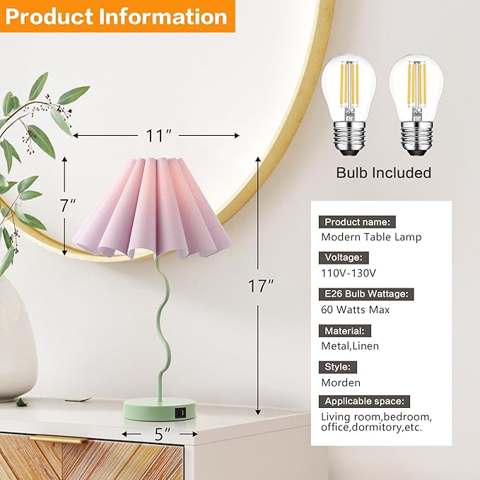 Pleated Table Lamp, Table Lamp for Bedroom, Bedside Lamps for Nightstand with Linen Lampshade, Modern Lamp for Bedroom Home Office Decor, Green