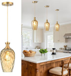 Glass Pendant Lights Kitchen Island, 1-Light Gold Pendant Light Fixtures with Hammered Amber Glass, Vintage Hanging Light for Kitchen Sink Dining Room Bedroom, E26