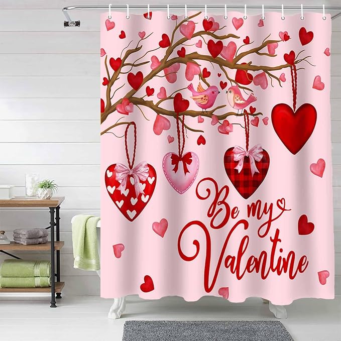 Vandarllin Pink Shower Curtain, Red Love Heart Tree Shower Curtains Set with Hooks, Waterproof Fabric Bathroom Curtains Decor Home Accessories, Stall Long 54 X 78 Inch