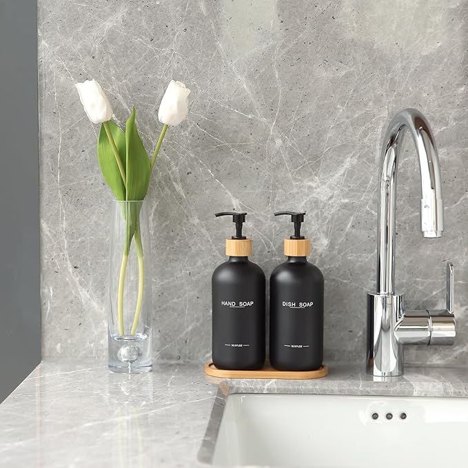 Black Soap Dispenser, Hand Soap, and Dish Soap Dispenser Set Suitable for Kitchen Counter Decor. (Black)