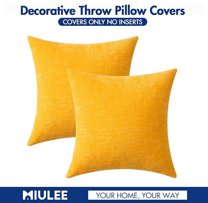 MIULEE Pack of 2 Couch Throw Pillow Covers 16x16 Inch Soft Goose Yellow Chenille Pillow Covers for Sofa Living Room Solid Dyed Pillow Cases