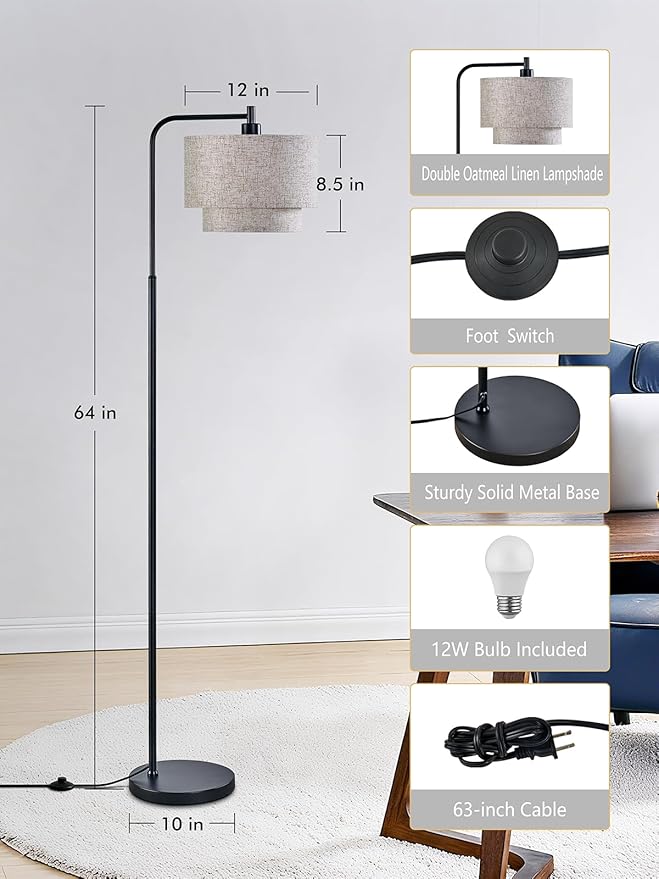 64" Modern Floor Lamp for Living Room Bedroom, Arc Floor Lamp with 3 Color Temperatures, Standing Lamp with Double Oatmeal Linen Lampshade, Tall Lamp with A19 12W LED Bulb, Foot Switch Control, Black