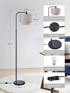 64" Modern Floor Lamp for Living Room Bedroom, Arc Floor Lamp with 3 Color Temperatures, Standing Lamp with Double Oatmeal Linen Lampshade, Tall Lamp with A19 12W LED Bulb, Foot Switch Control, Black