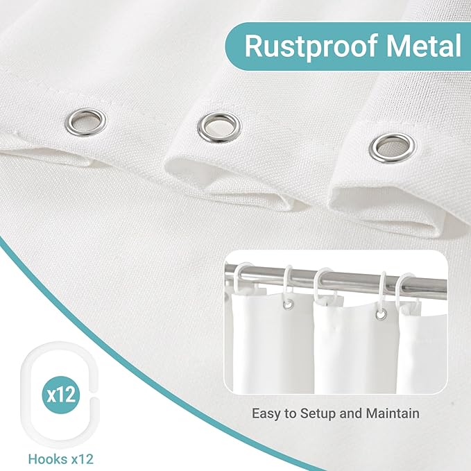 Linen Shower Curtain with 10 Hooks Modern Heavy Duty Washable Fabric Curtain Set Waterproof Thick Cloth Shower Curtains for Bathroom Bathtub Washable, W60*L70, White