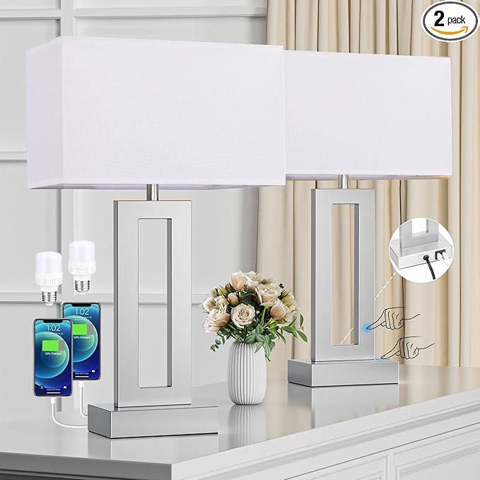 Nightstand Table Lamps for Bedrooms Set of 2 - Touch Bedside Lamp with USB C+A, 3 Way Dimmable Living Room Lamps for End Tables Set of 2, Modern Night Stand Lamps for Bed Side(White&Silver)
