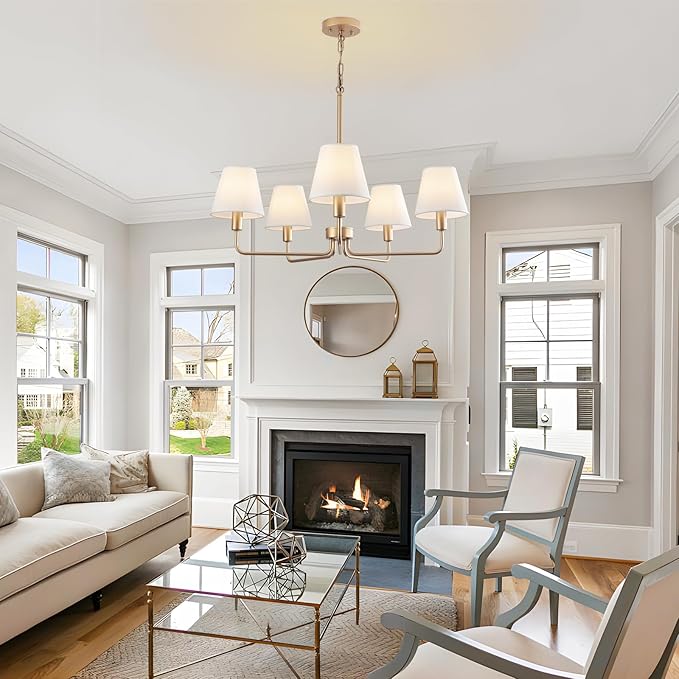 Farmhouse Chandelier, Gold Modern Dining Room Light Fixture with White Fabric Shade, 5-Light Height Adjustable Industrial Pendant Island Light Fixture for Foyer Entryway Hallway Kitchen Bedroom