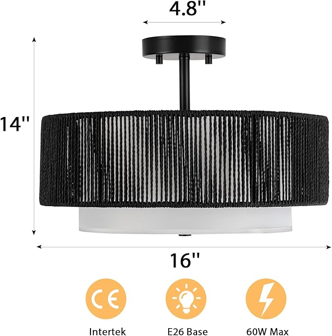 SineRise 16'' Rattan Flush Mount Ceiling Light Fixture,2-Tier Drum Hand-Woven Boho Flush Mount Ceiling Light,Farmhouse Light Fixture for Living Room,Kitchen,Bedroom Foyer Entryway ect.（Black）