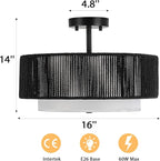 SineRise 16'' Rattan Flush Mount Ceiling Light Fixture,2-Tier Drum Hand-Woven Boho Flush Mount Ceiling Light,Farmhouse Light Fixture for Living Room,Kitchen,Bedroom Foyer Entryway ect.（Black）