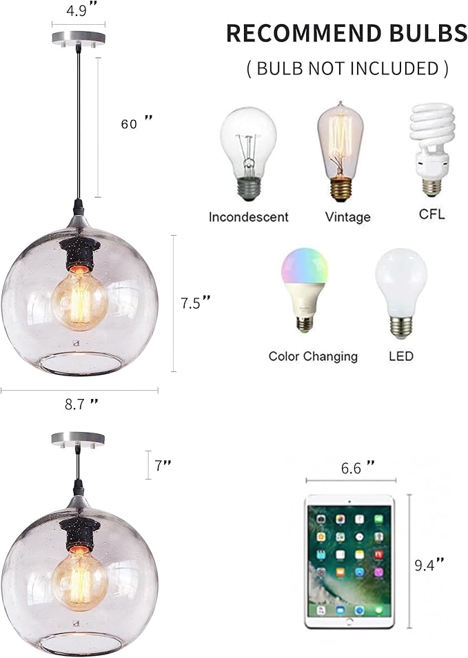 ARIAMOTION Pendant Lighting Kitchen Island Modern Rustic Glass Hanging Lights Globe Clear Seeded Bubble Light Fixtures Dining Room Table Bedroom Bathroom Office Brushed Nickel 8.7 Inch Diam 2 Pack