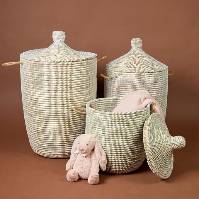 Home Storage & Organization, Decorative White Wicker Baskets, Laundry Hamper, Baby Nursery Toys Bin, Blankets Storage Living Room, Bathroom Towels Holder, Woven, Round, Lid, Handles, Set of 3pcs