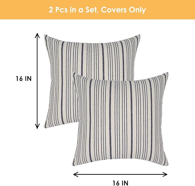 Navy Pillow Covers Farmhouse Linen Throw Pillow Covers Striped Outdoor Decorative Square Throw Pillows for Couch Sofa Bed 16 x16 in Pack of 2 Navy and Cream