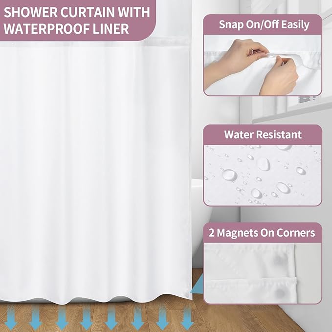 Muuyi Pink Watercolor Floral Shower Curtain,No Hook Shower Curtain,Polyester Shower Curtains with Snap in Fabric,Sheer Top Window for Bathroom Decor,Waterproof & Washable,72W x 75L Inch